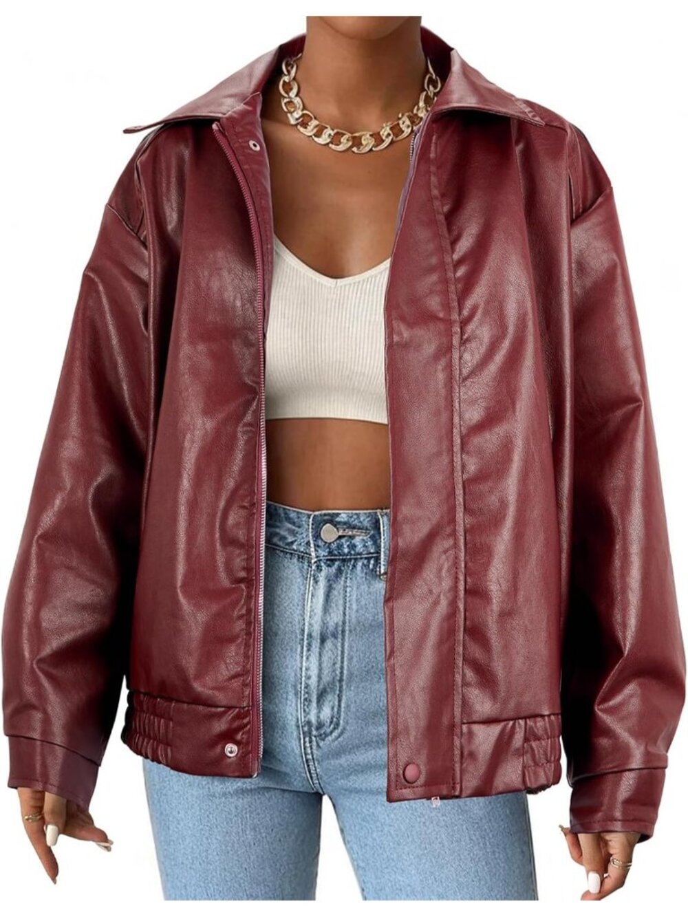 Women’s Wine Red Faux Leather Oversized Bomber Biker Motorcycle Jacket Casual